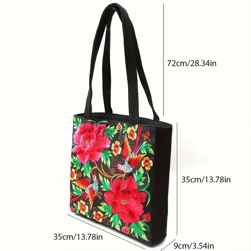 Ethnic Floral Embroidered Canvas Tote – Large Capacity Shoulder Bag for Women