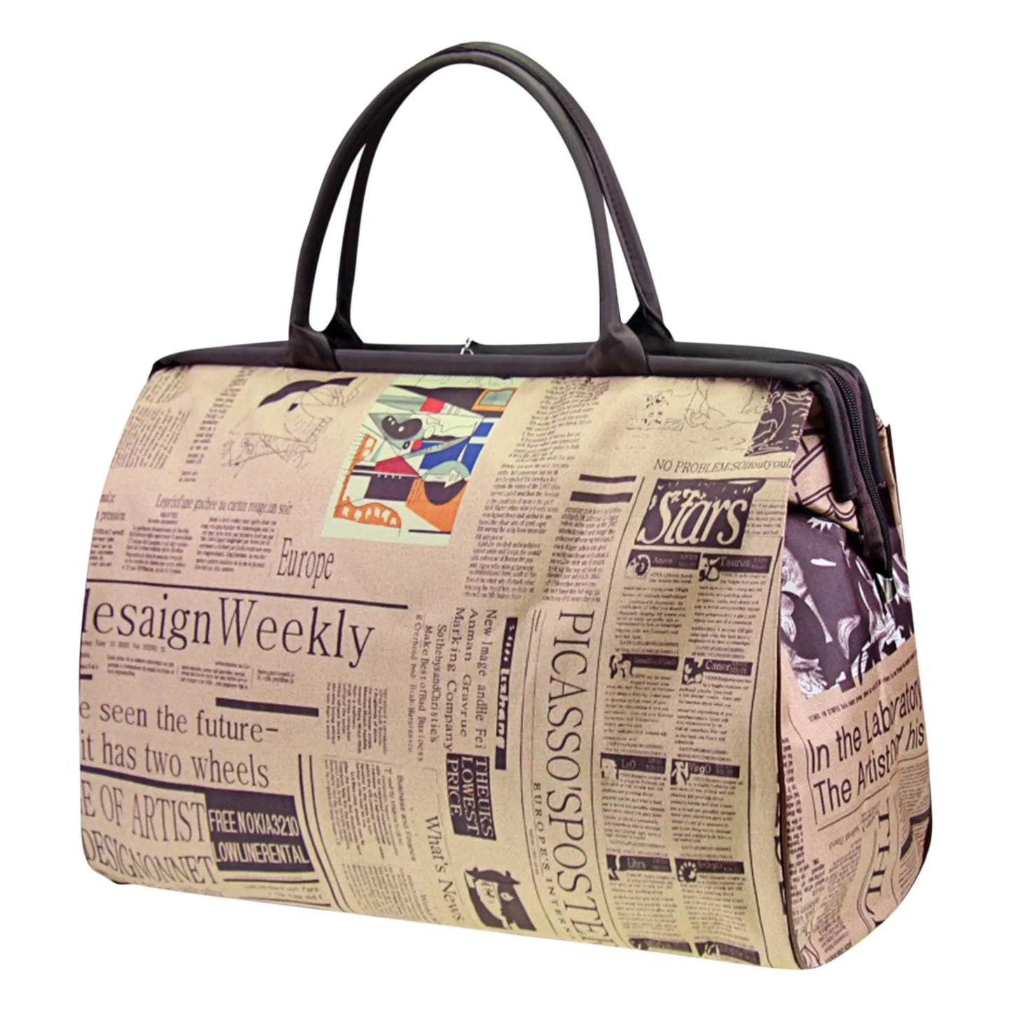 Vintage Print Travel Bag – Large Newspaper Shoulder Tote for Women