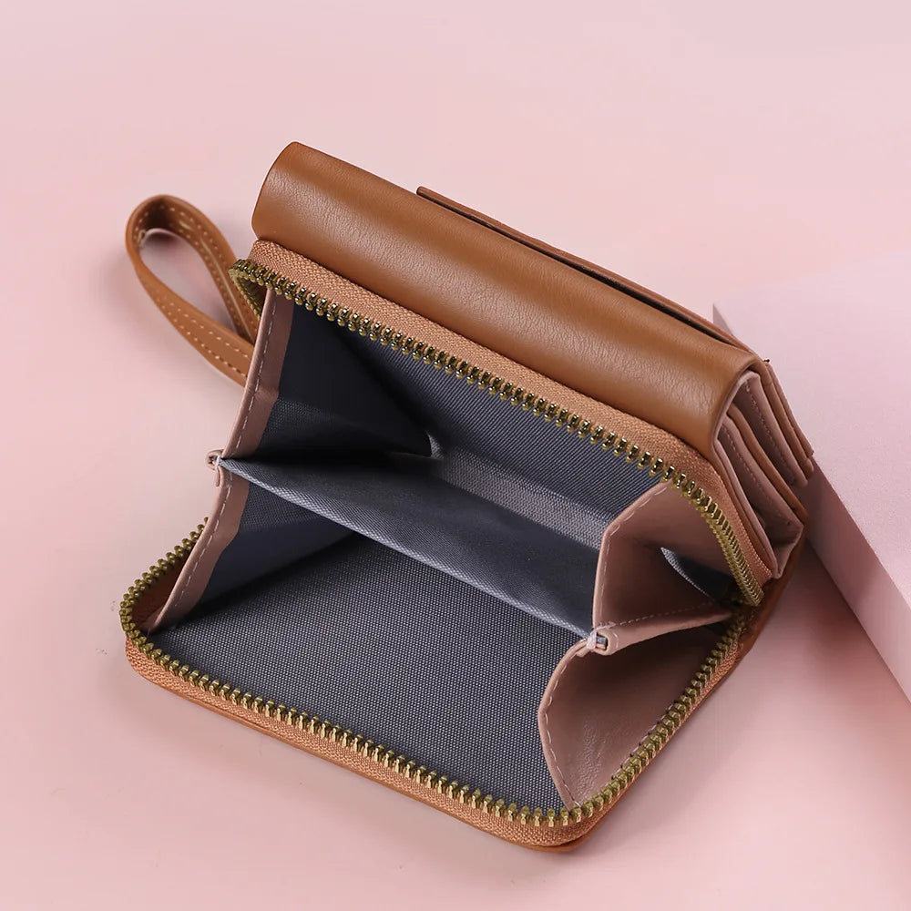 Four Seasons Women’s Short Wallet – Solid Color Zipper Clutch with Buckle for Girls & Students
