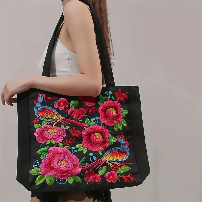 Ethnic Floral Embroidered Canvas Tote – Large Capacity Shoulder Bag for Women