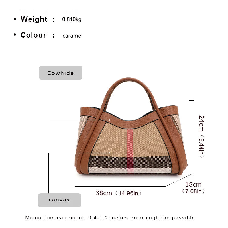 Retro Checkered Handbag – Large Capacity Canvas & Genuine Leather Tote for Women