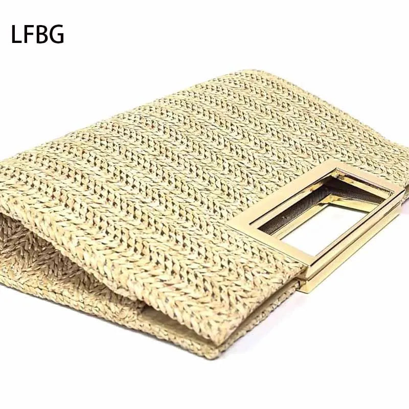Straw Clutch Purse – Spring/Summer Handbag with Hollow Metal Chain