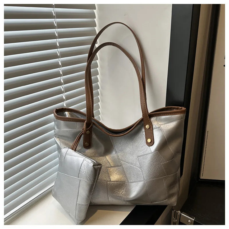 Vintage Patchwork PU Tote – Large Capacity Casual Shoulder Bag for Women