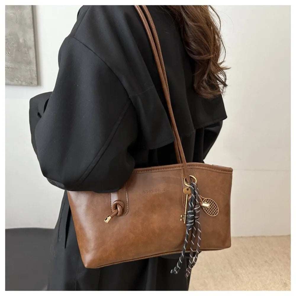 Y2K Solid Leather Tote – Large Capacity Work Shoulder Bag for Women