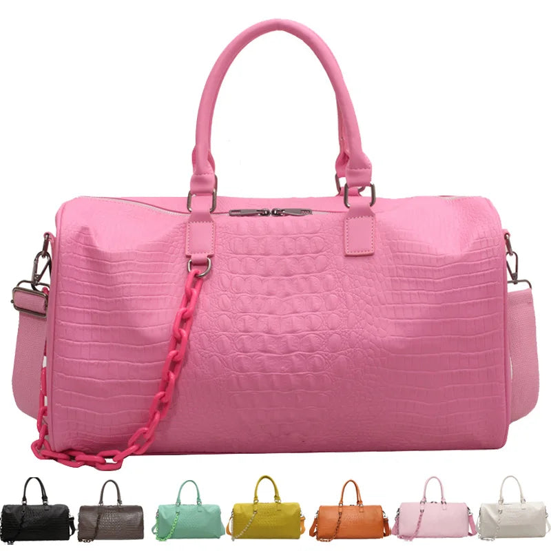 Waterproof Leather Travel Duffel – Large Capacity Candy Color Shoulder & Gym Bag for Women