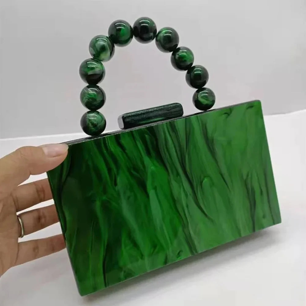 Luxury Pearl Marble Crossbody – Dark Green Acrylic Evening Bag for Women