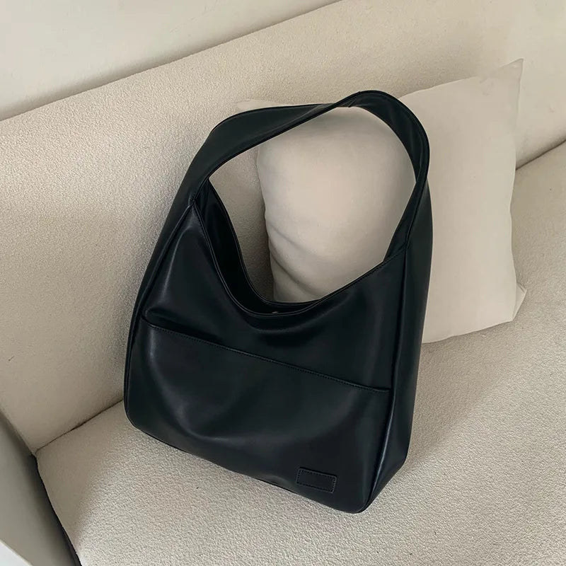 Women Hobo Bag Simple PU Leather Solid Shoulder Bag