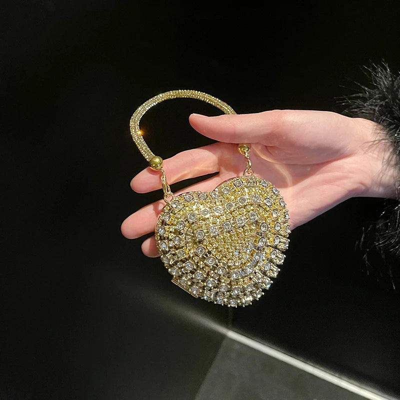 Luxury Bling Heart Clutch – Rhinestone Evening Bag with Chain for Women