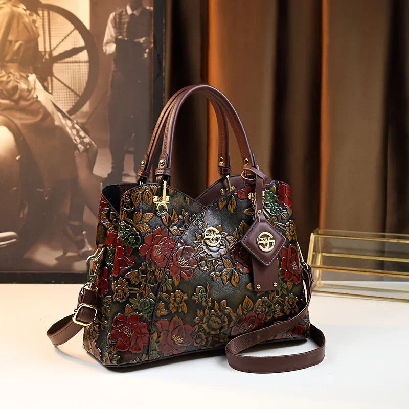 Vintage Floral Leather Tote – Luxury Fashion Crossbody Handbag for Women