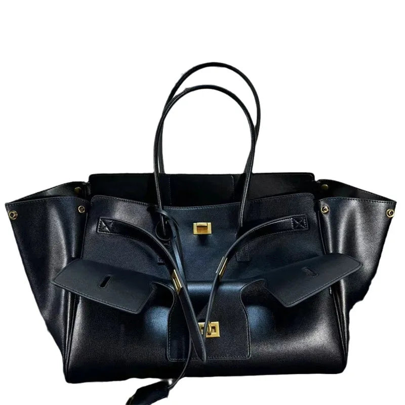 Black Genuine Leather Lock Tote – Trendy Winged Shoulder Bag for Women’s Daily Commute