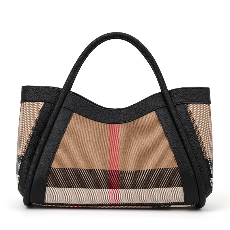 Retro Checkered Handbag – Large Capacity Canvas & Genuine Leather Tote for Women