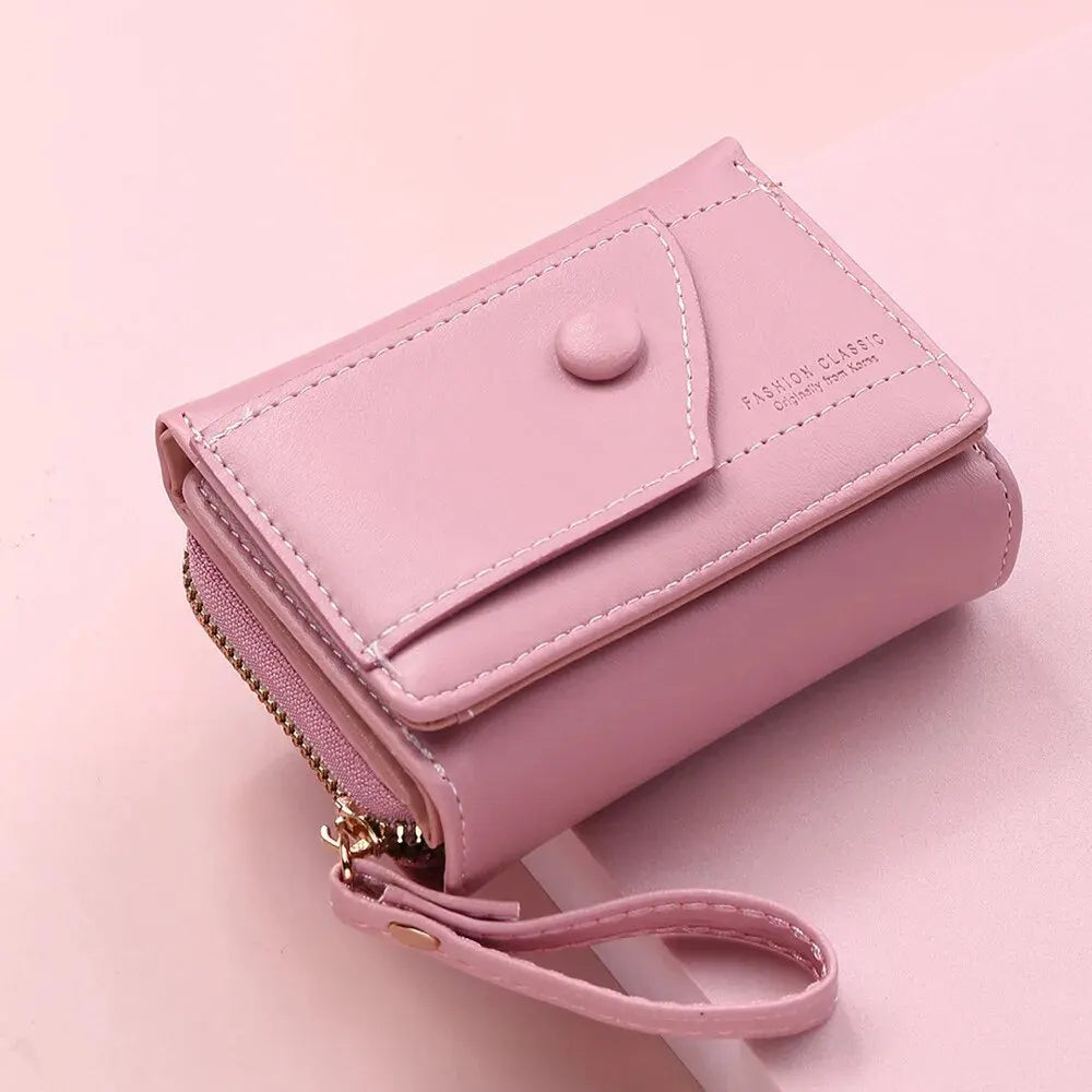 Four Seasons Women’s Short Wallet – Solid Color Zipper Clutch with Buckle for Girls & Students