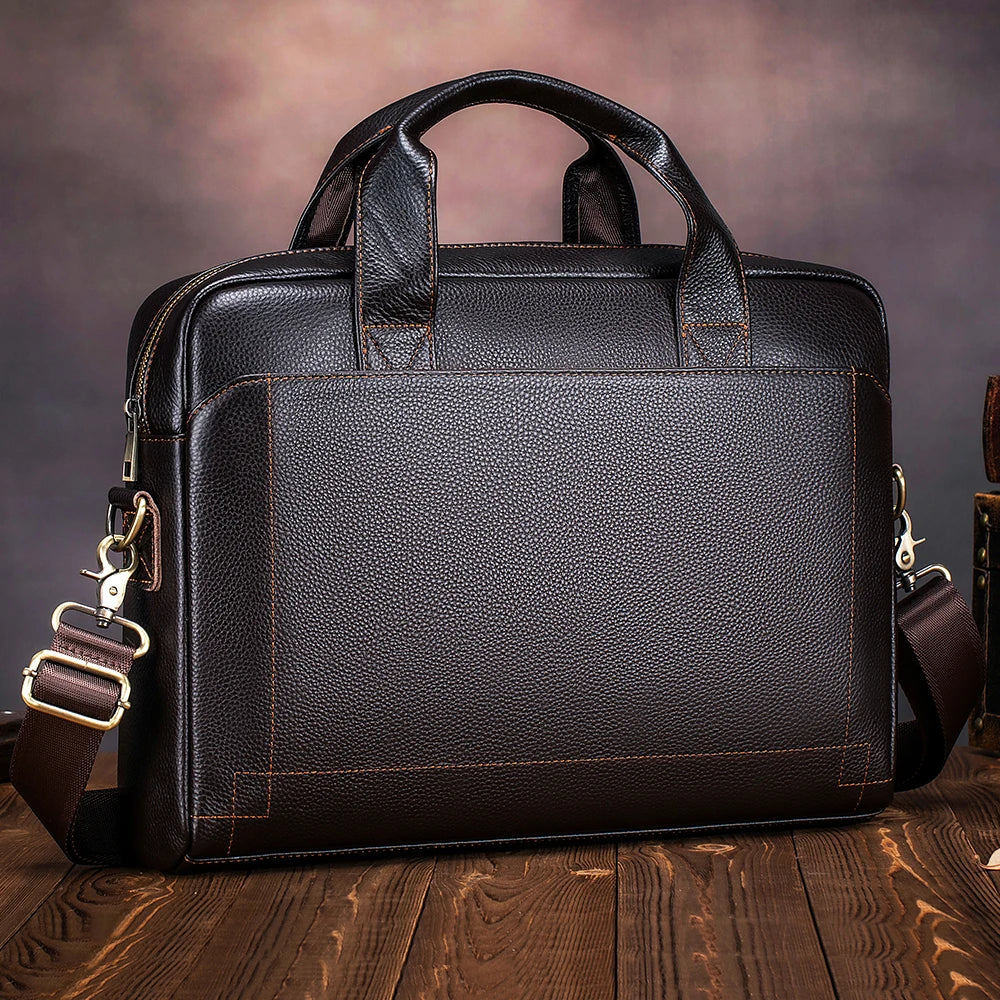 Men’s Top-Grain Leather Briefcase – Cowhide Laptop & Crossbody Office Bag
