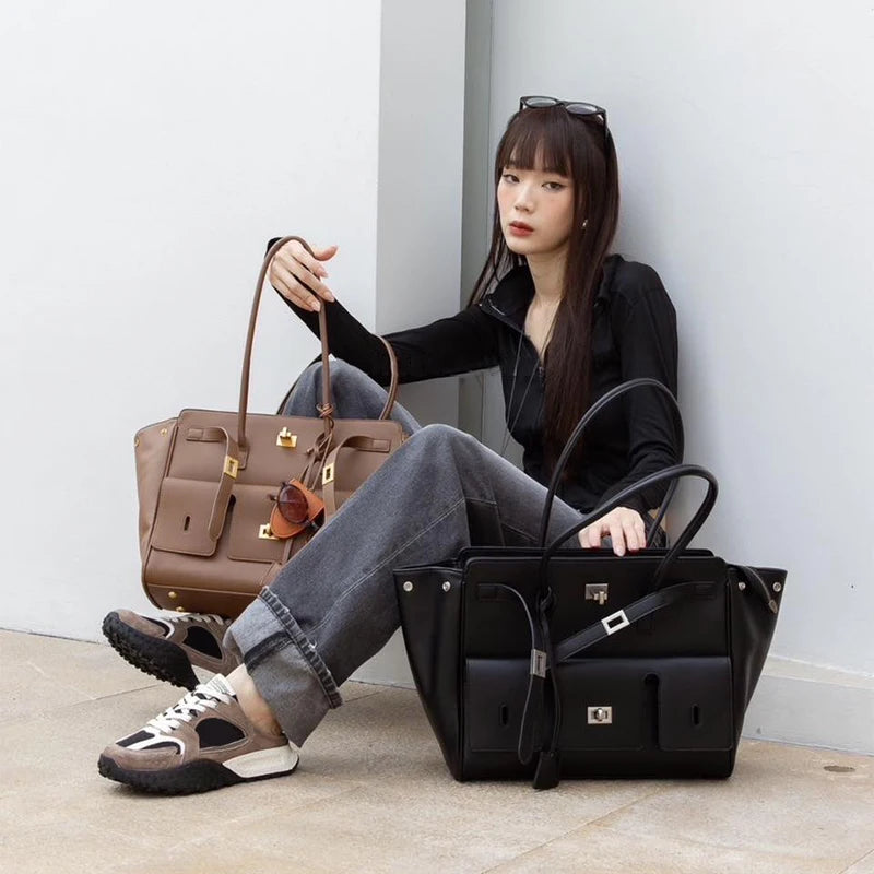 Black Genuine Leather Lock Tote – Trendy Winged Shoulder Bag for Women’s Daily Commute