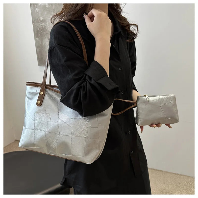 Vintage Patchwork PU Tote – Large Capacity Casual Shoulder Bag for Women