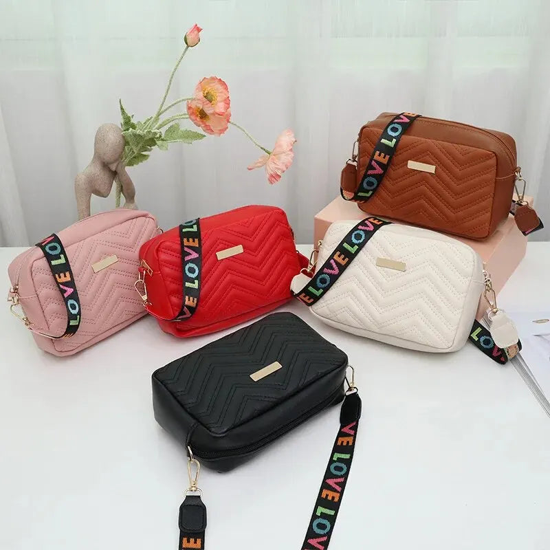 Rilibegan Embroidered Camera Bag – Versatile PU Leather Square Shoulder Bag with Printed Strap