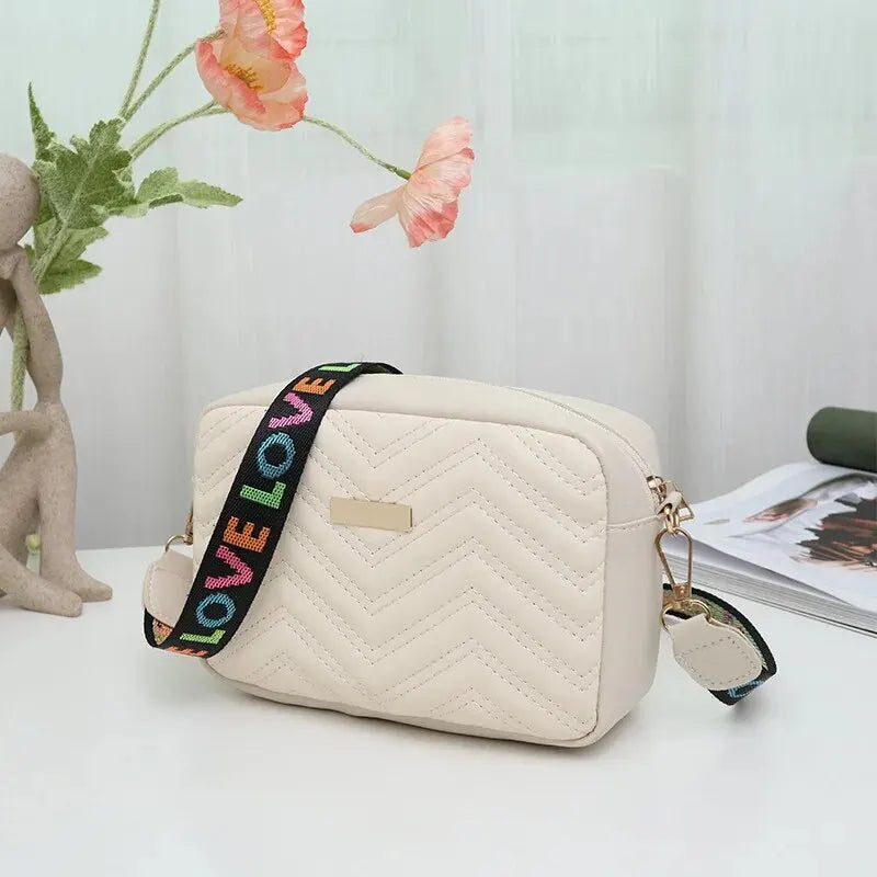 Rilibegan Embroidered Camera Bag – Versatile PU Leather Square Shoulder Bag with Printed Strap