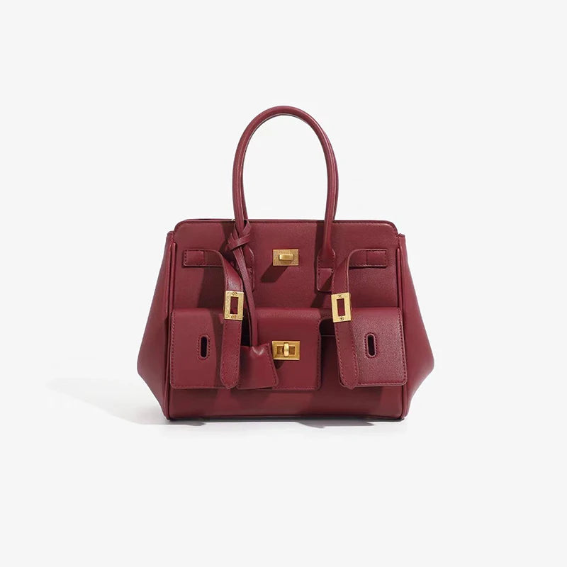 Black Genuine Leather Lock Tote – Trendy Winged Shoulder Bag for Women’s Daily Commute