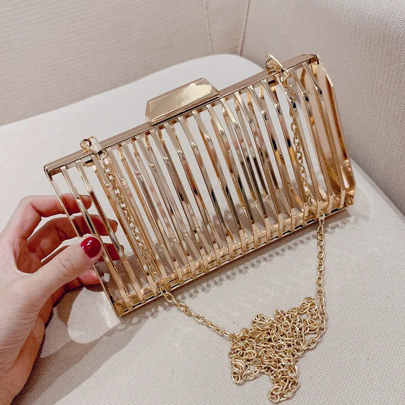 Gold Metal Cage Clutch – Luxury Chain Crossbody for Women’s Evening & Wedding