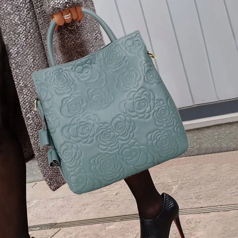 Classic Embossed Cowhide Bag – Large Capacity Leather Crossbody for Women