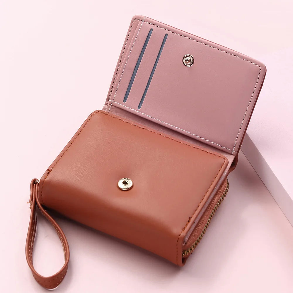 Four Seasons Women’s Short Wallet – Solid Color Zipper Clutch with Buckle for Girls & Students