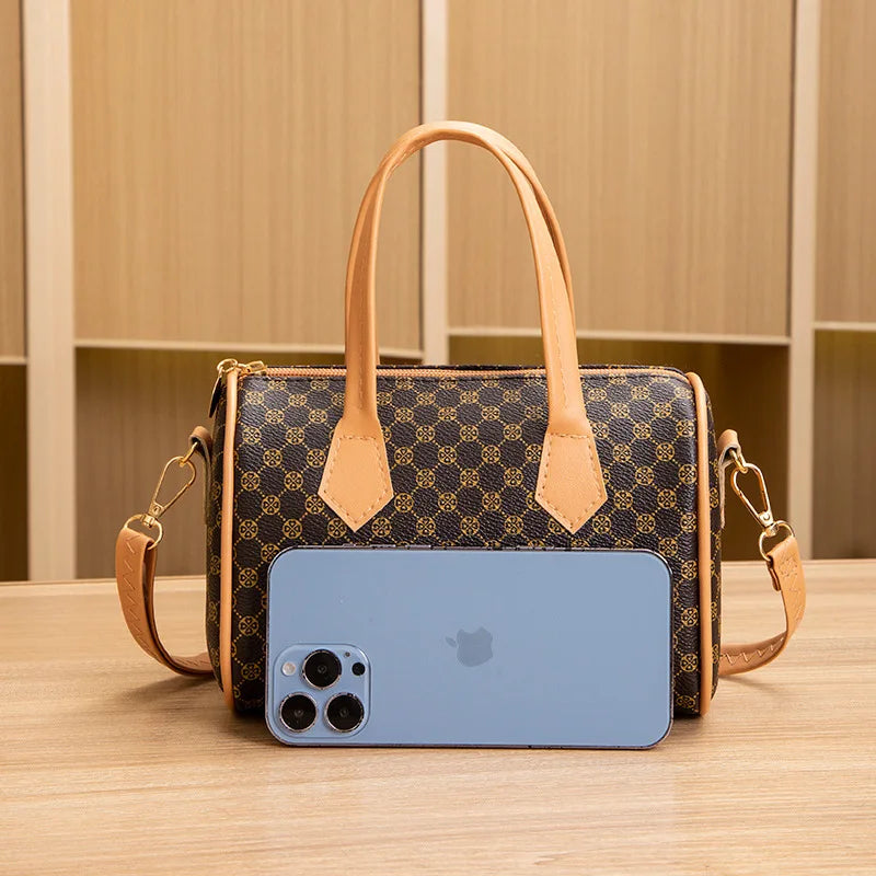 European Retro Boston Barrel Bag – Printed Large-Capacity Crossbody Handbag for Women