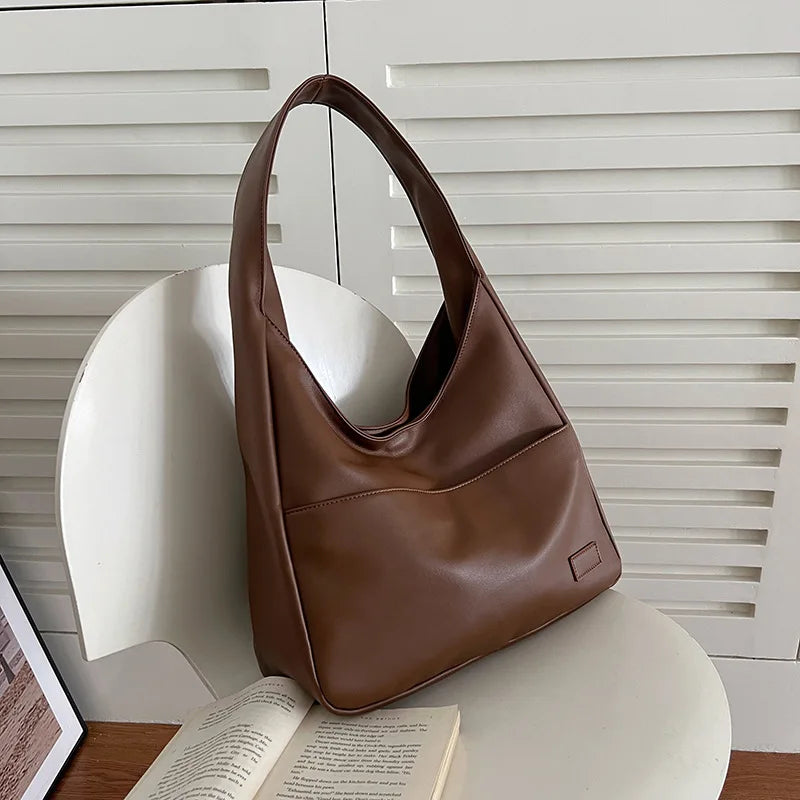 Women Hobo Bag Simple PU Leather Solid Shoulder Bag