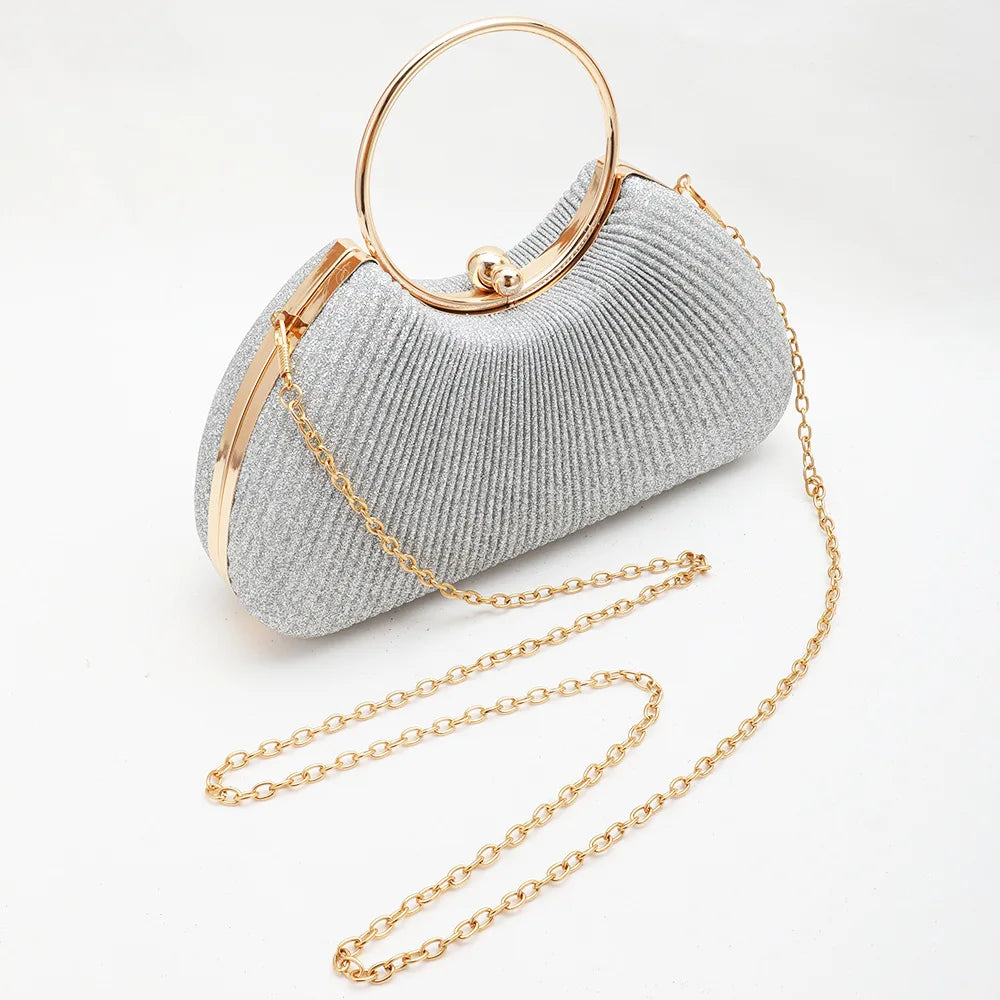 Silver Wrinkled Ring Clutch – Diamond-Studded Mini Evening Bag with Chain Strap