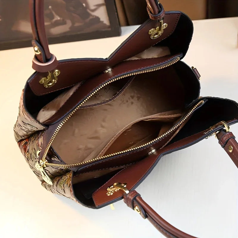 Vintage Floral Leather Tote – Luxury Fashion Crossbody Handbag for Women