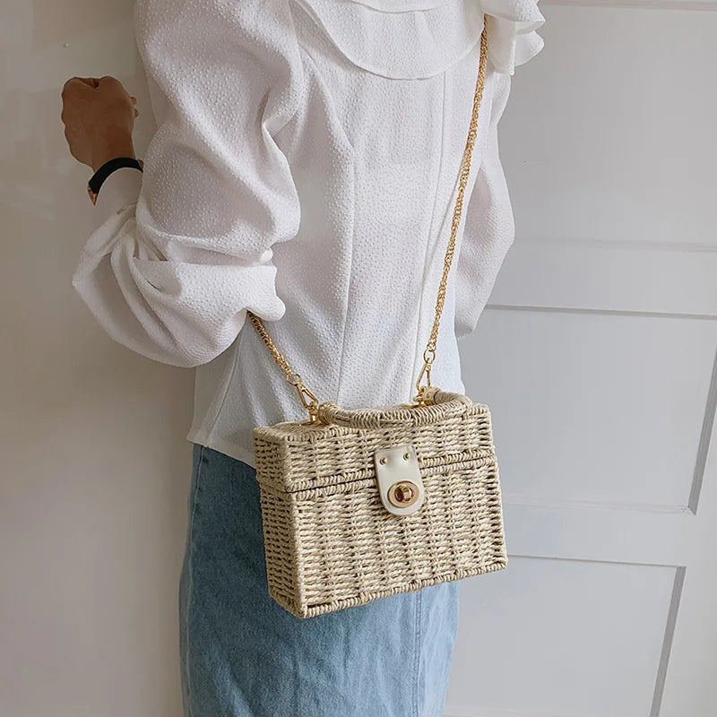 Summer Rattan Box Crossbody Bag