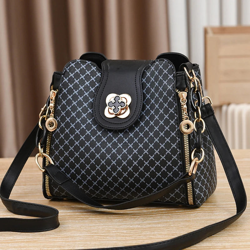 Luxury Check Print Bucket Bag – Flip Closure Shoulder & Crossbody Handbag for Women