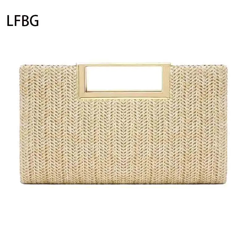 Straw Clutch Purse – Spring/Summer Handbag with Hollow Metal Chain