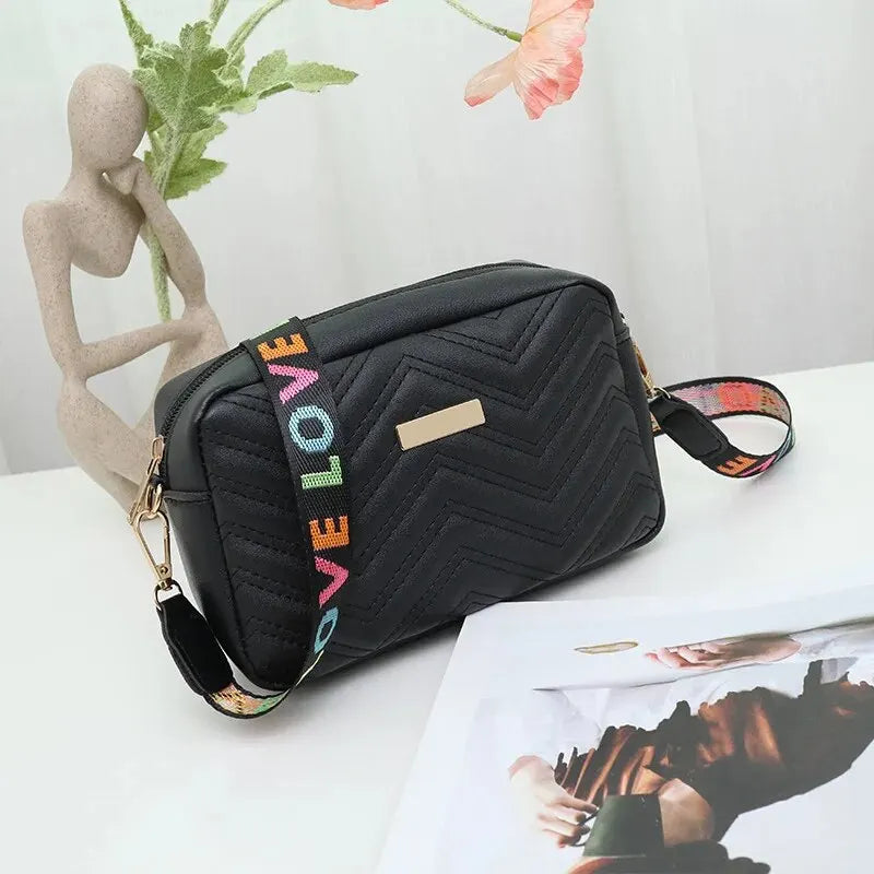 Rilibegan Embroidered Camera Bag – Versatile PU Leather Square Shoulder Bag with Printed Strap