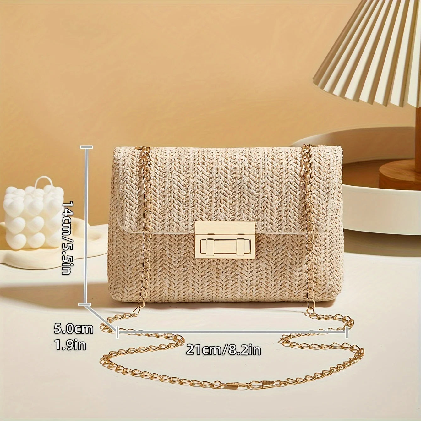 Woven Straw Shoulder Bag – Handwoven Solid Color Crossbody Purse with Lock Closure