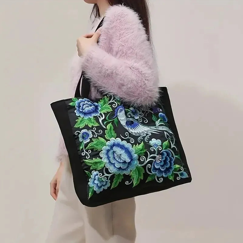 Ethnic Floral Embroidered Canvas Tote – Large Capacity Shoulder Bag for Women