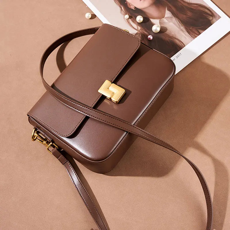 Versatile Cowhide Leather Crossbody – Fashionable Small Square Shoulder Bag for Women’s Commute