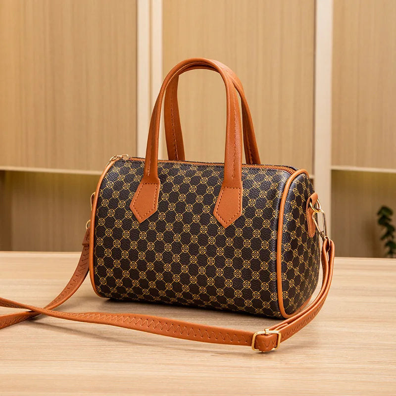 European Retro Boston Barrel Bag – Printed Large-Capacity Crossbody Handbag for Women