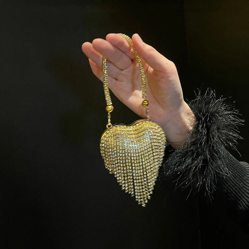 Luxury Bling Heart Clutch – Rhinestone Evening Bag with Chain for Women