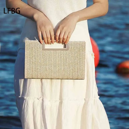 Straw Clutch Purse – Spring/Summer Handbag with Hollow Metal Chain