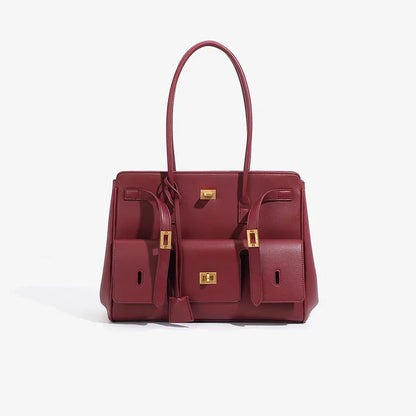 Black Genuine Leather Lock Tote – Trendy Winged Shoulder Bag for Women’s Daily Commute
