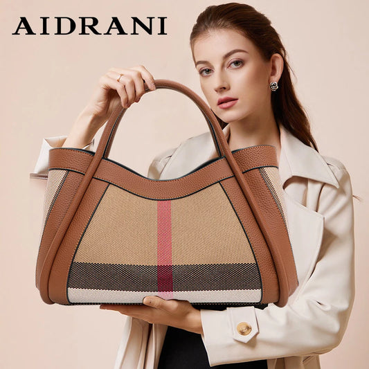 Retro Checkered Handbag – Large Capacity Canvas & Genuine Leather Tote for Women