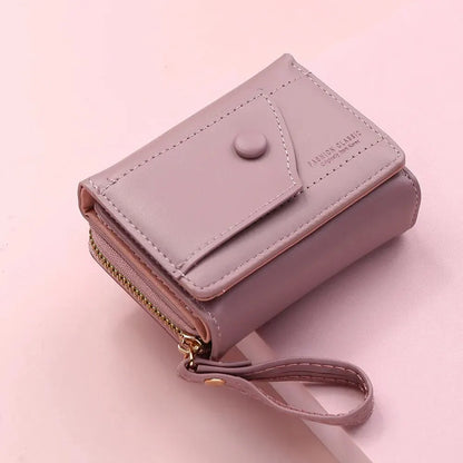 Four Seasons Women’s Short Wallet – Solid Color Zipper Clutch with Buckle for Girls & Students