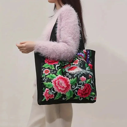 Ethnic Floral Embroidered Canvas Tote – Large Capacity Shoulder Bag for Women