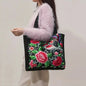 Ethnic Floral Embroidered Canvas Tote – Large Capacity Shoulder Bag for Women