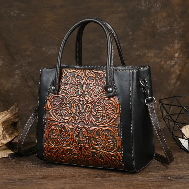 Floral Leather Tote – Handmade Vintage Cowhide Shoulder & Crossbody Bag for Women
