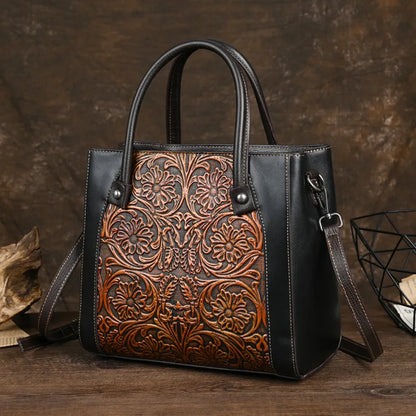Floral Leather Tote – Handmade Vintage Cowhide Shoulder & Crossbody Bag for Women