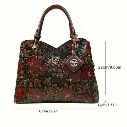 Vintage Floral Leather Tote – Luxury Fashion Crossbody Handbag for Women