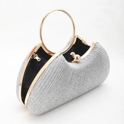 Silver Wrinkled Ring Clutch – Diamond-Studded Mini Evening Bag with Chain Strap