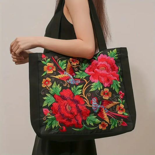 Ethnic Floral Embroidered Canvas Tote – Large Capacity Shoulder Bag for Women