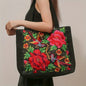 Ethnic Floral Embroidered Canvas Tote – Large Capacity Shoulder Bag for Women